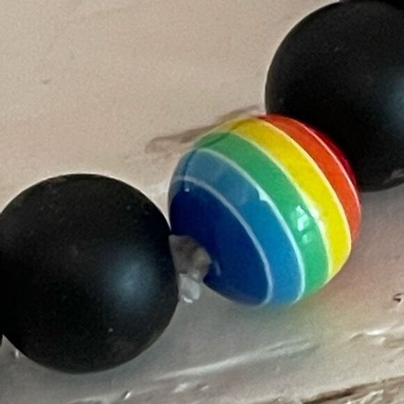 Stackable opaque black ebony beaded stretch bracelet w/LGBTQ+ bead - Picture 5 of 11